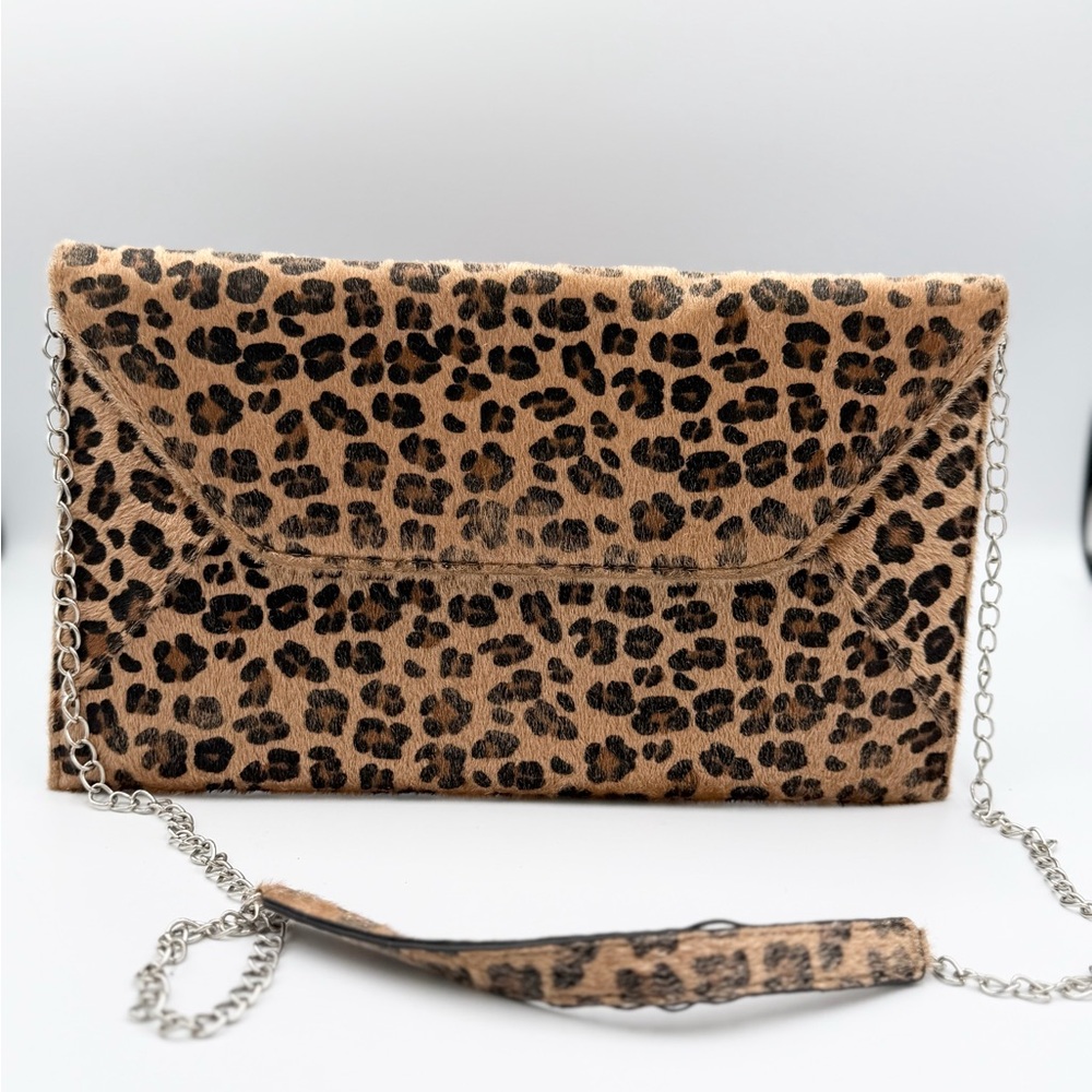 Leopard Print Envelope Clutch with Chain Strap - Brown